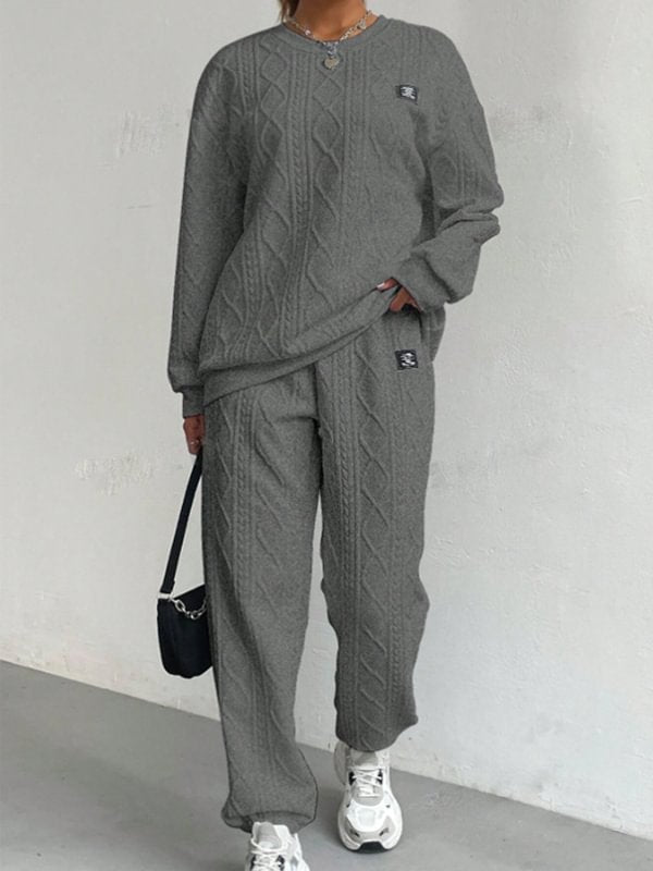 Women's Casual Solid Jacquard Textured Long Sleeve Sweatshirt Pants Matching Set