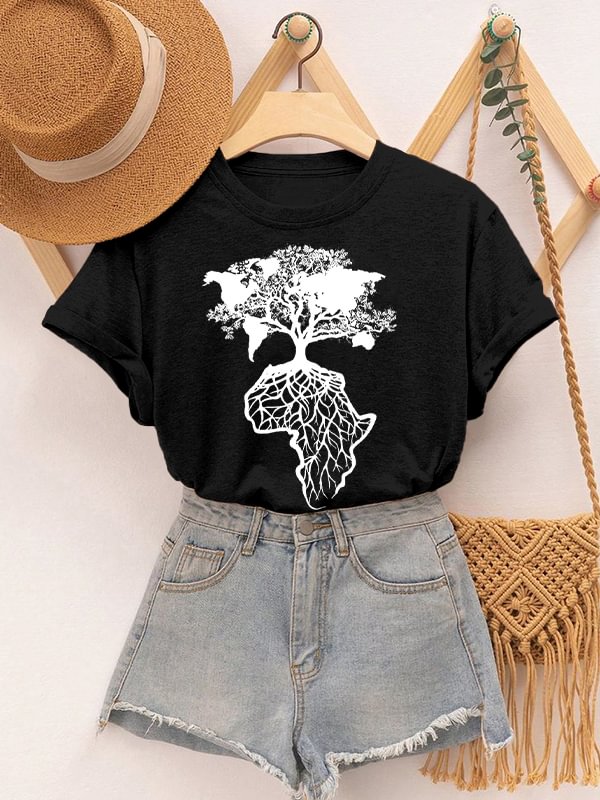 Women's Africa Is The Root Of The World Art Print Cotton Casual T-Shirt