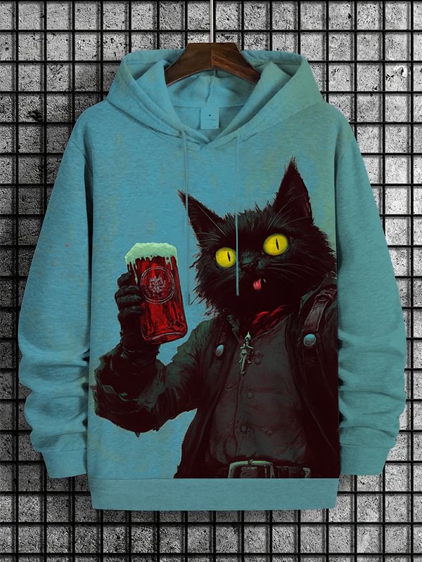 Men's Exploration Cat Cheers Oil Painting Art Print Casual Hoodie