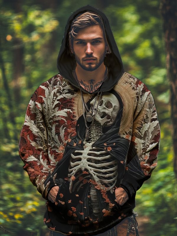 Men's Vintage Plants Dark Art Skull Print Casual Hoodie