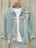 Men's Vintage Japanese Art Floral Print Linen Blend Shirt