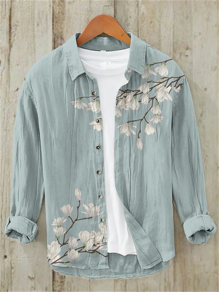Men's Vintage Japanese Art Floral Print Linen Blend Shirt