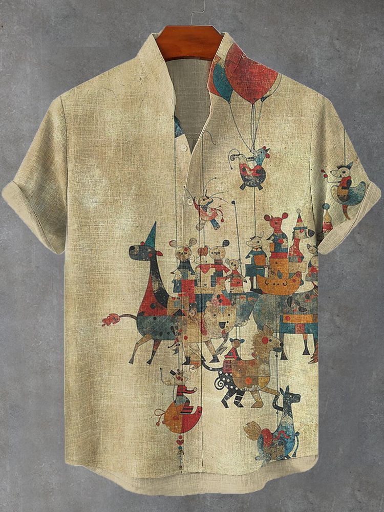 Men's Retro Distressed Circus Art Print Casual Shirt
