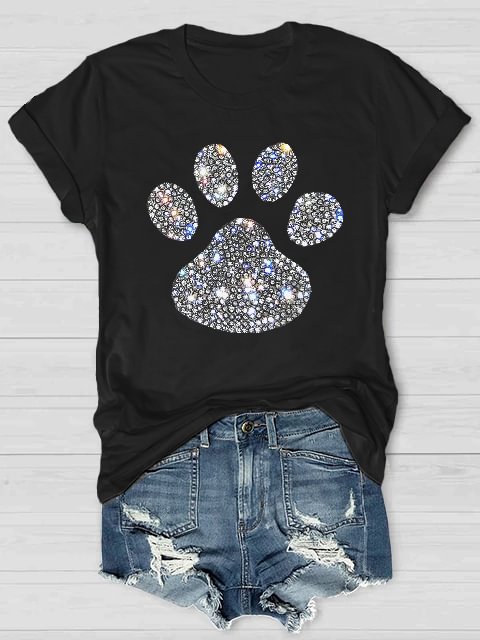 Women's Rhinestone Animal Dog Paw Print Casual T-Shirt