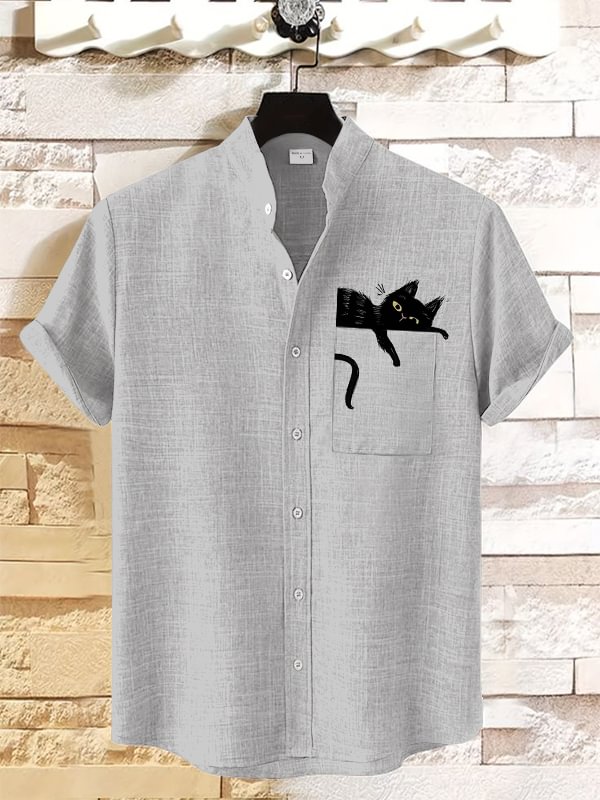 Men's Cat Lying On Pocket Art Print Linen Blend Shirt