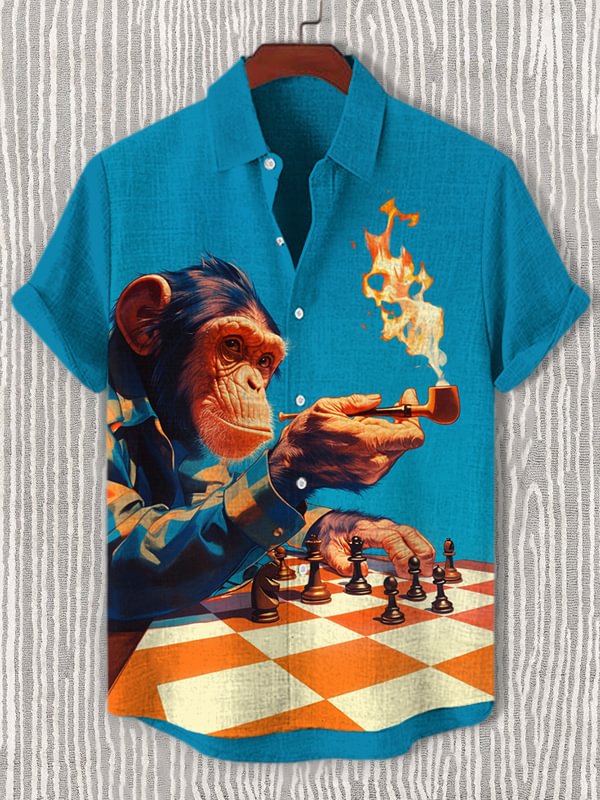 Men's Chimpanzee Playing Chess Art Print Casual Shirt