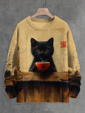 Men's Black Cat And Hot Tea Art Print Knit Sweatshirt