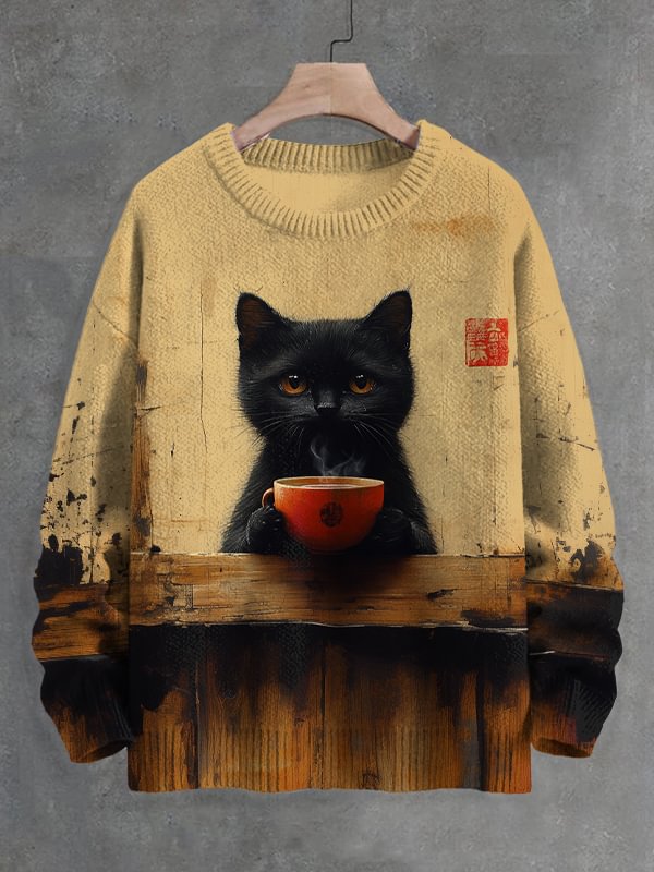 Men's Black Cat And Hot Tea Art Print Knit Sweatshirt