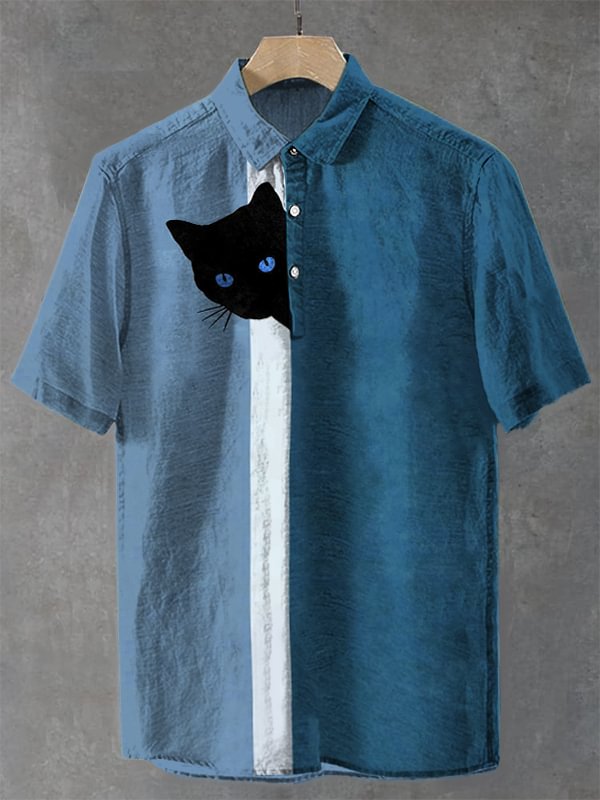 Men's Fun Hide And Seek Black Cat Print Half Button Casual Shirt