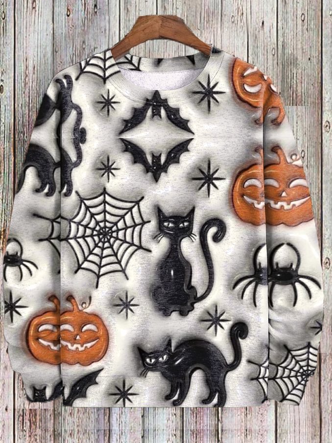 Men's Spider Web Pumpkin Black Cat 3D Expansive Texture Print Casual Sweatshirt