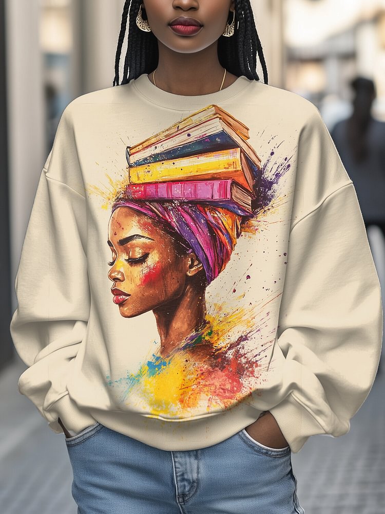 Women's Girl and Books Splash-Ink Art Print Cozy Sweatshirt