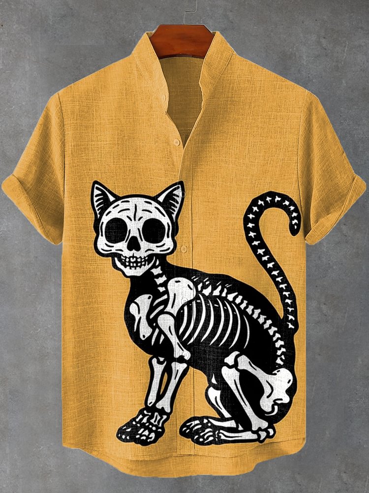 Men's Fun Skeleton X-Ray Black Cat Graphic Print Shirt