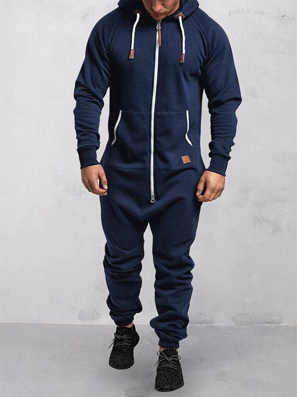 Men's Casual Solid Color Zipper Pocket Fleece Hooded Jumpsuit