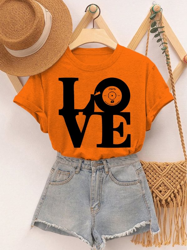 Women's Love Vinyl Record Music Art Print Cotton Casual T-Shirt