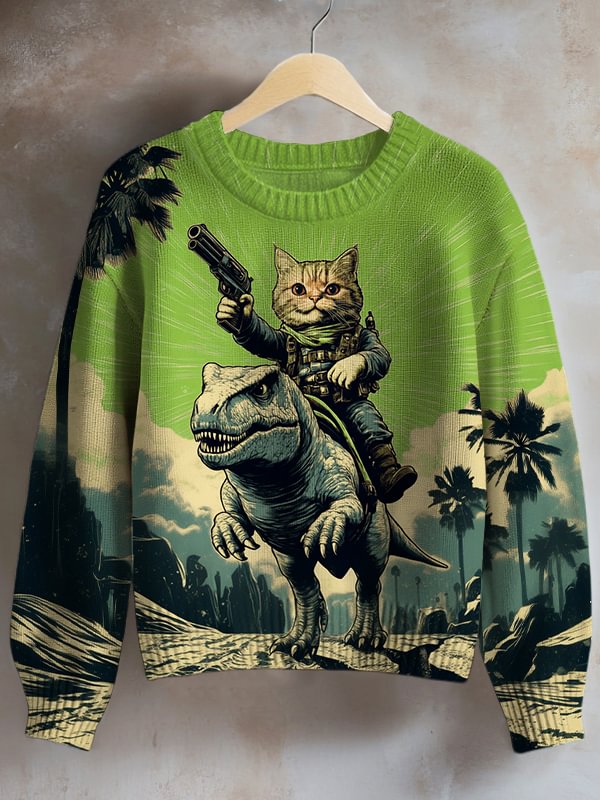 Women's Cat And Dinosaur Fantasy Adventure Art Print Knit Sweatshirt