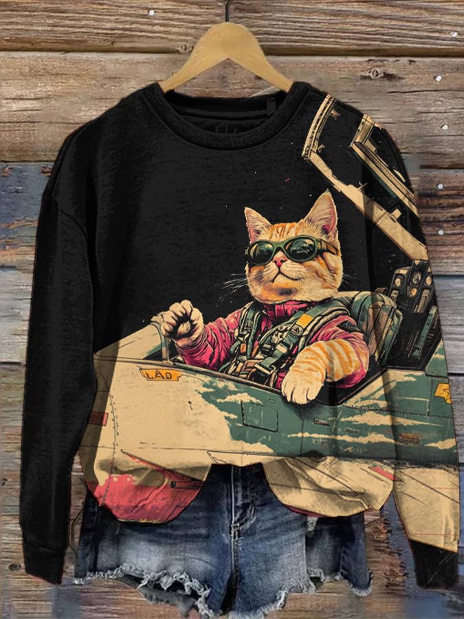 Women's Cat Pilot Fantasy Art Print Casual Sweatshirt