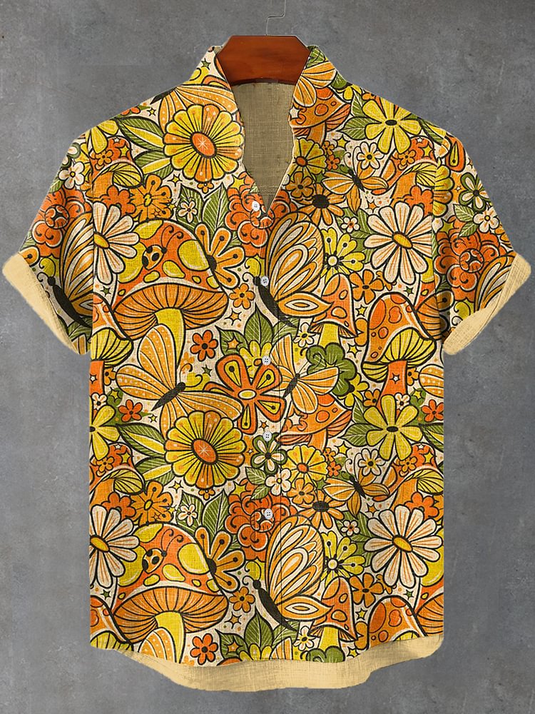 Men's Retro Summer Flower Mushroom Art Print Linen Blend Shirt