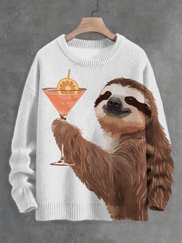 Men's Sloth Cheers Cocktail Art Print Knit Sweatshirt