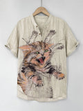 Men's Sketch Art Crazy Cat Print Half Button Shirt