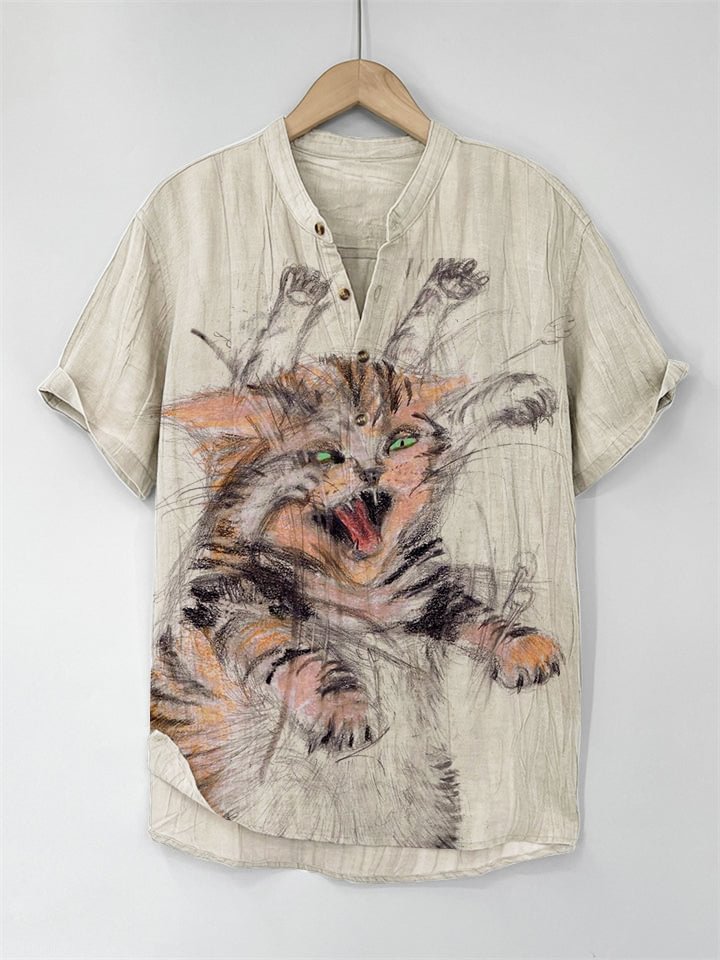 Men's Sketch Art Crazy Cat Print Half Button Shirt