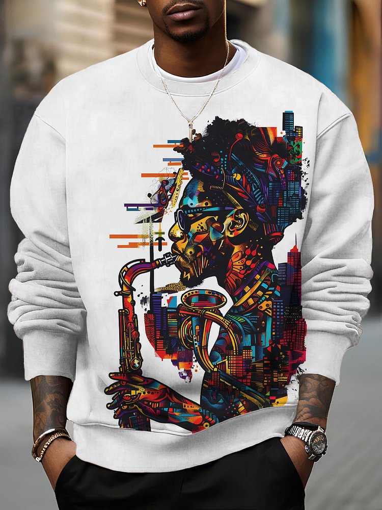 Men's Retro Abstract Art Saxophonist Print Cotton Casual Sweatshirt
