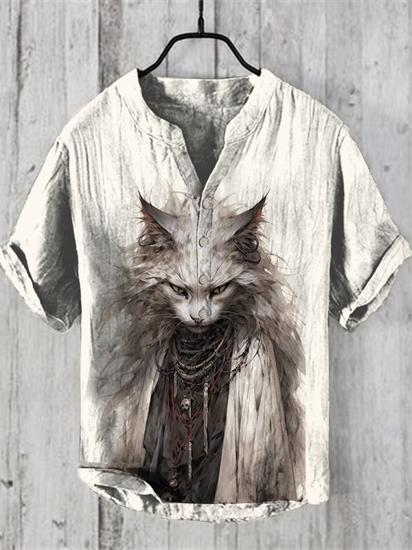 Men's Retro Cat Mage Art Print Short Sleeve Shirt