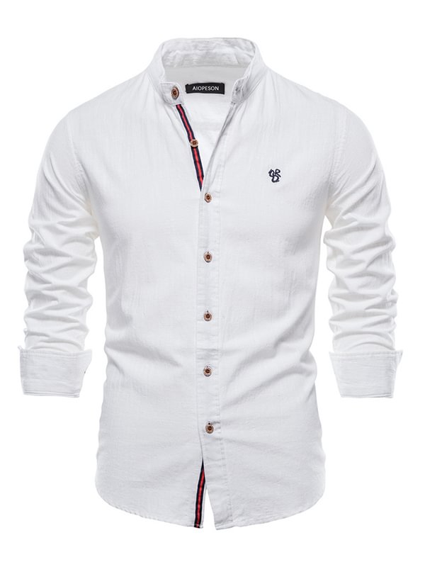 Men's Pattern Embroidery Stand Collar Long Sleeve Button Shirt
