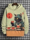 Men's Black Cat Tasting Tea Japanese Tea Ceremony Art Print Hooded Sweatshirt