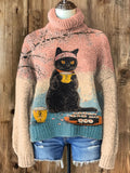 Women's Sakura Hairband Black Cat Sushi Tea Art Print High Neck Knit Sweatshirt