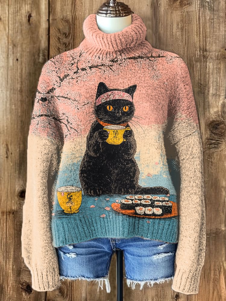Women's Sakura Hairband Black Cat Sushi Tea Art Print High Neck Knit Sweatshirt