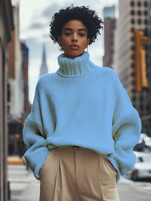 Women's Solid Color High Neck Knit Sweatshirt