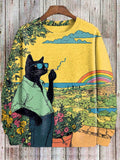 Men's Black Cat Smoking Rainbow Art Print Casual Sweatshirt