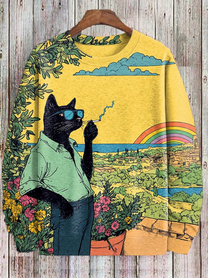 Men's Black Cat Smoking Rainbow Art Print Casual Sweatshirt