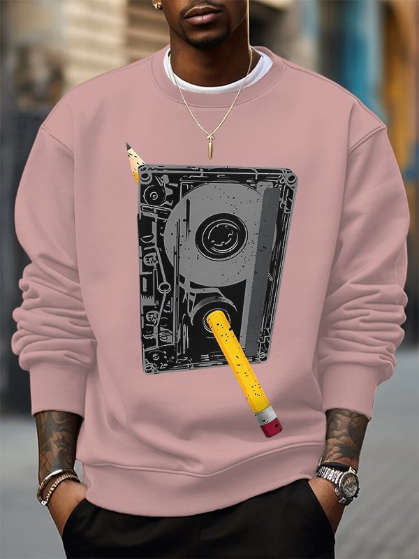 Men's Cassette Tape And Pencil Retro Art Print Cotton Casual Sweatshirt