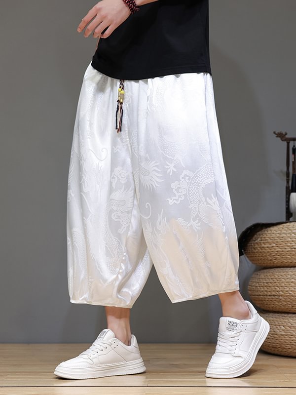 Men's Casual Dragon Pattern Jacquard Drawstring Waist Crop Harem Pants