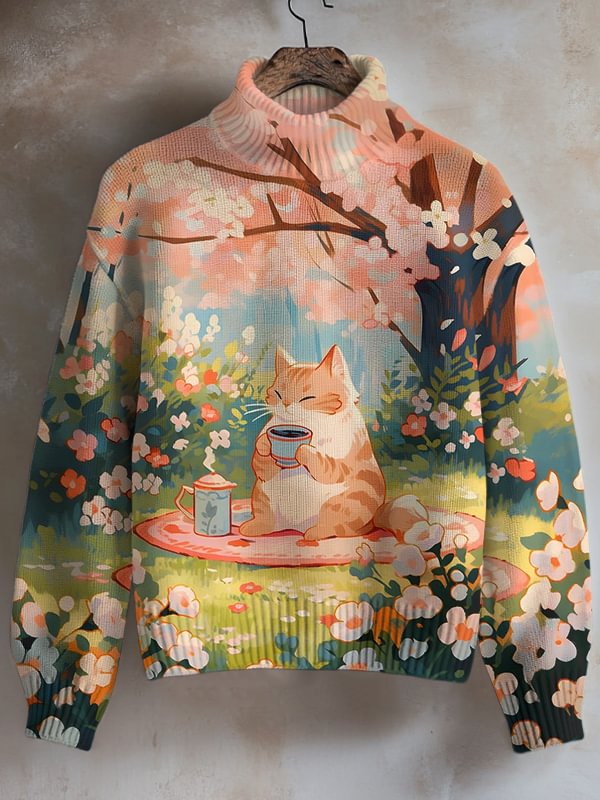 Women's Cherry Blossoms Cozy Cat Art Painting Print High Neck Knit Sweatshirt