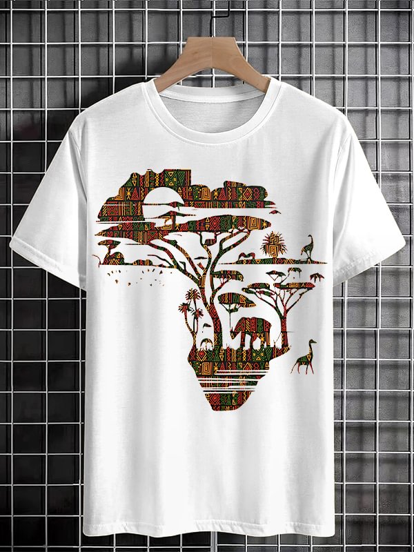 Men's Africa Map Silhouette Traditional Pattern Plains Animal Silhouettes Print Cotton Casual T-Shirt