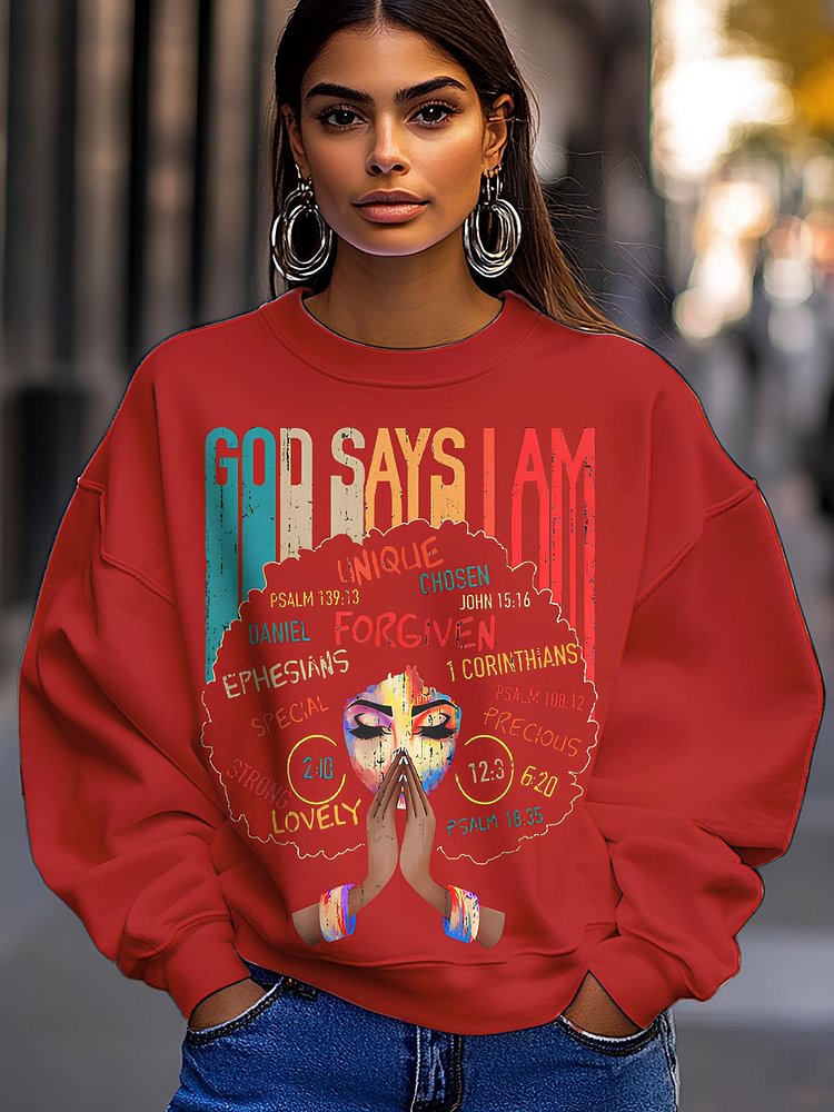 Women's Black Girl God Says I Am Black Melanin History Month Pride Print Cotton Long Sleeve T-Shirt Thin Sweatshirt