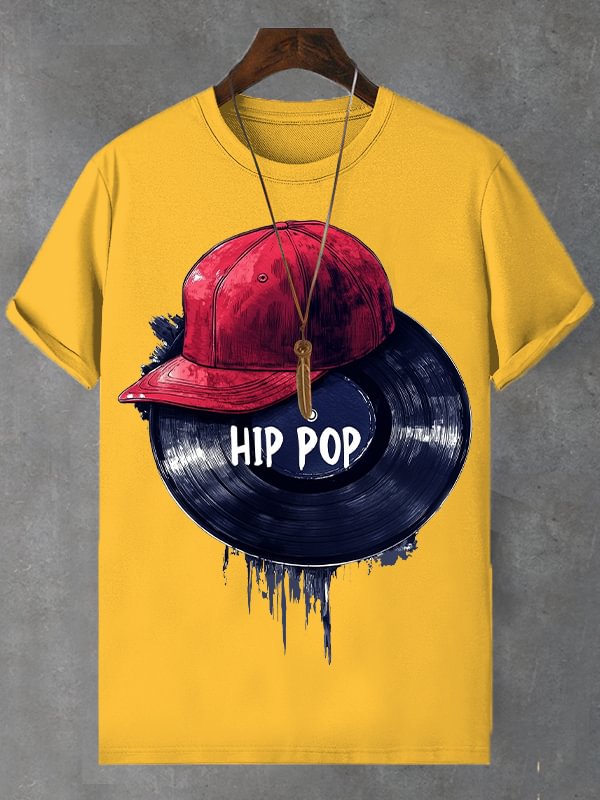 Men's Hip Pop Record Hat Print Cotton Casual T-Shirt