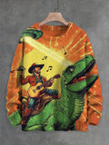 Men's Western Cowboy Playing Guitar Dinosaur UFO Art Print Knit Sweatshirt