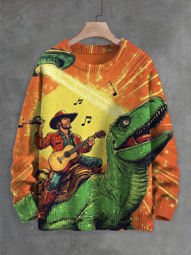 Men's Western Cowboy Playing Guitar Dinosaur UFO Art Print Knit Sweatshirt
