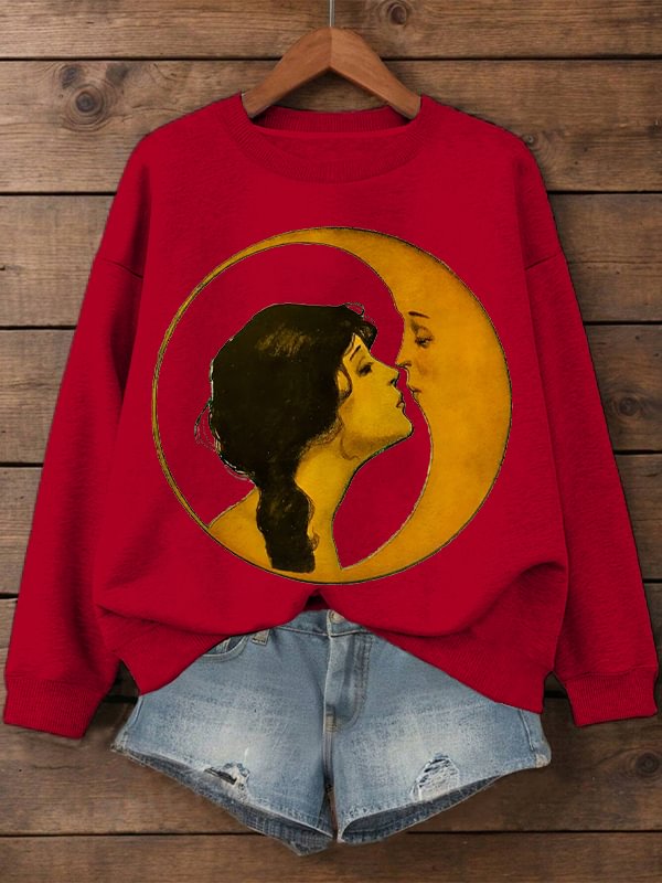 Women's Woman Kissing Moon Art Print Cotton Long Sleeve T-Shirt Thin Sweatshirt