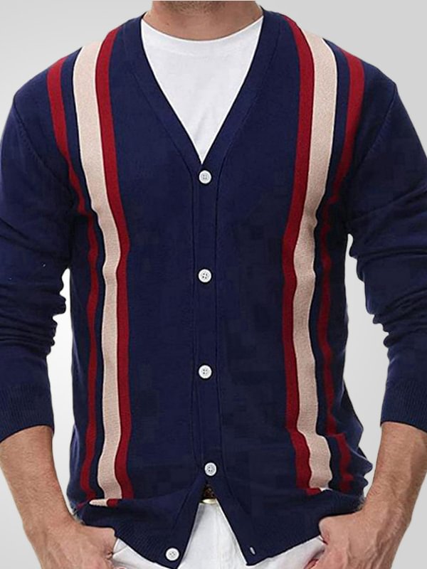 Men's Casual Striped Print Single Breasted V Neck Knit Cardigan