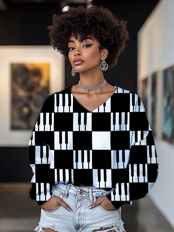 Women's Piano Keys Print Cozy V Neck Sweatshirt
