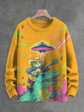 Men's Dinosaur Cat Guitar Player UFO Sci-Fi Art Print Knit Sweatshirt