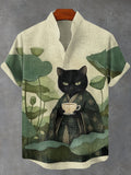 Men's Lotus Pond Japanese Kimono Cat Tea Art Print Shirt