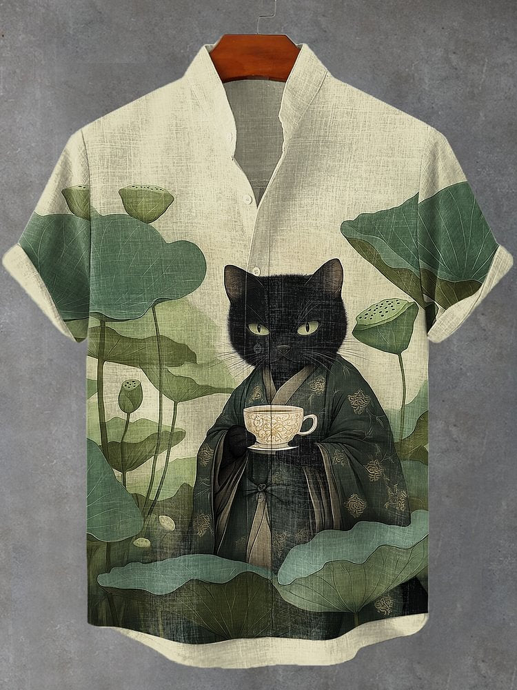 Men's Lotus Pond Japanese Kimono Cat Tea Art Print Shirt