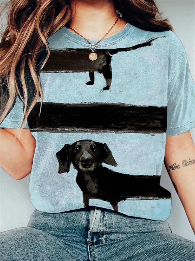 Women's Long Black Dog Crew Neck Print Casual T-Shirt