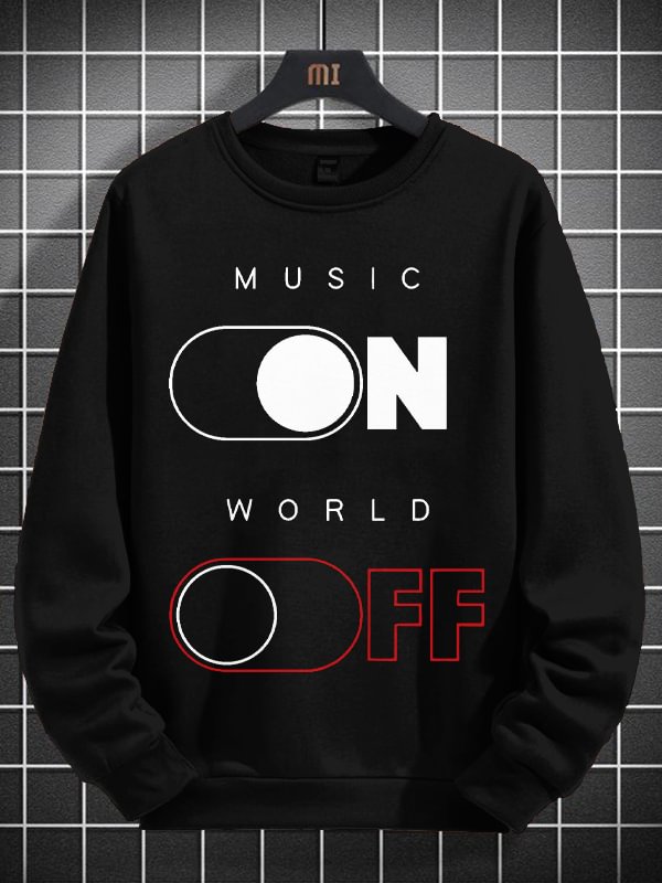 Men's Music On World Off Print Cotton Long Sleeve T-Shirt Thin Sweatshirt