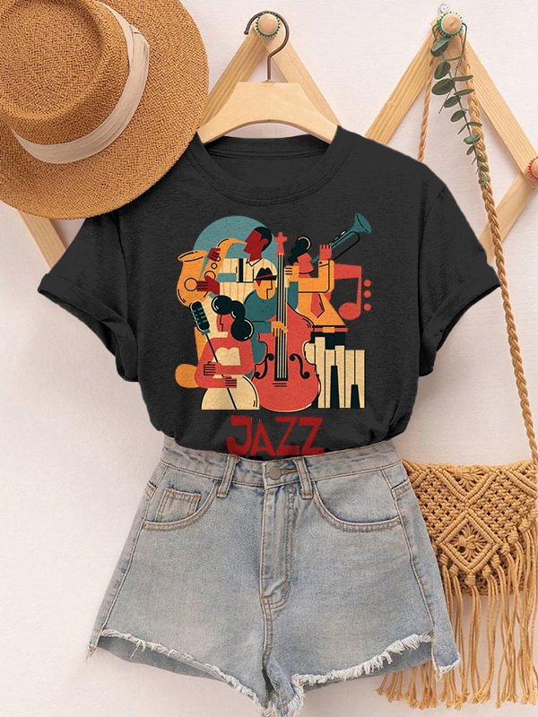 Women's Retro Instrumental Music Playing Jazz Print Cotton Casual T-Shirt